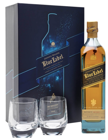 Johnnie Walker Blended Scotch Whisky Blue Label Gift Set with 2 Crystal Glass Tumblers