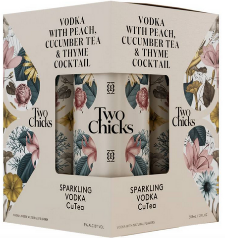 Two Chicks Sparkling Vodka CuTea Cocktail with Peach, Cucumber Tea, & Thyme